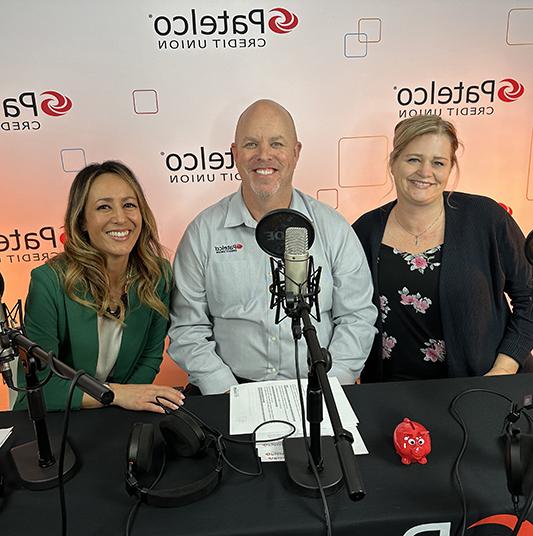 Patelco Employees Jennifer Mink, Richard Rantz, and Michele Enriquez at the podcast desk.