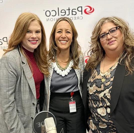 Patelco Employees Michele Enriquez, Jessica Rubalcava, Lauren Goucher at the podcast desk.